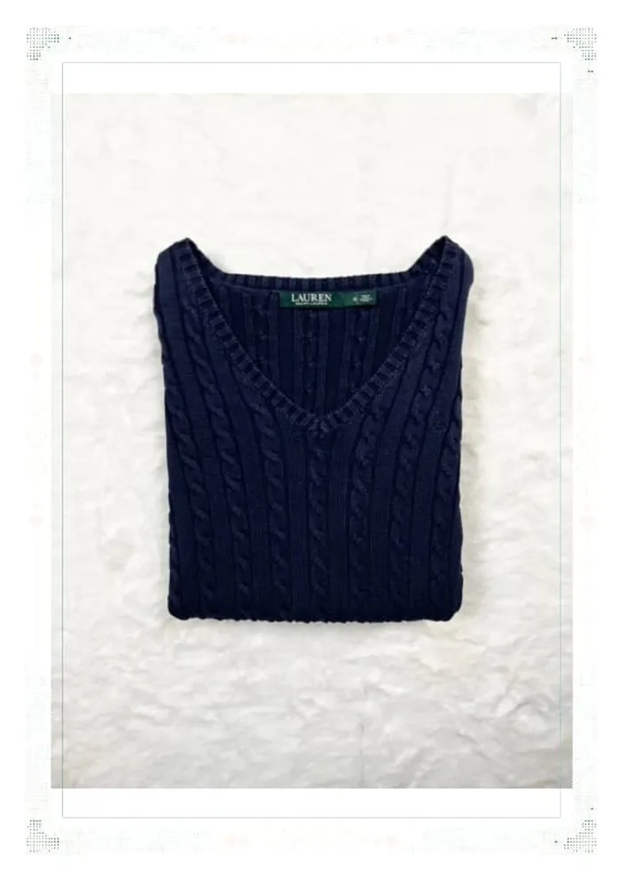 Ralph Lauren pull femme coton torsadé bleu marine col V taille S - photo numéro 13