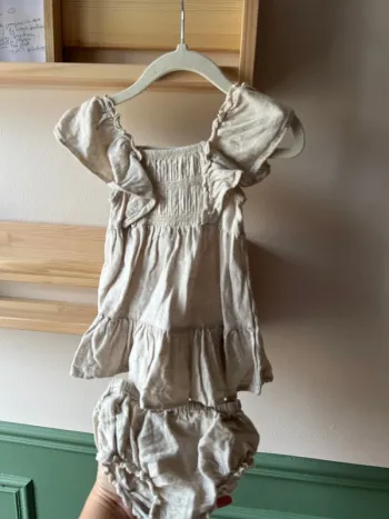 Ensemble robe et bloomer en lin beige 3 mois