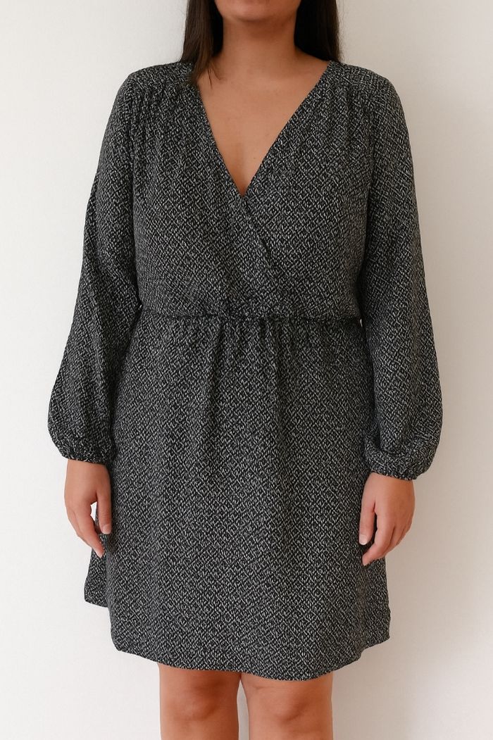 Robe Cache-Cœur Imprimée Noir & Blanc - Manches Longues & Jupon Intégré - T. 40 - La Halle