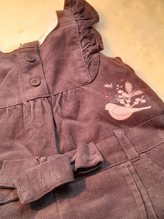 Jolie Salopette Short Bébé Fille "Alphabet création" - Velours Côtelé Marron/Gris (9 Mois) - photo numéro 3