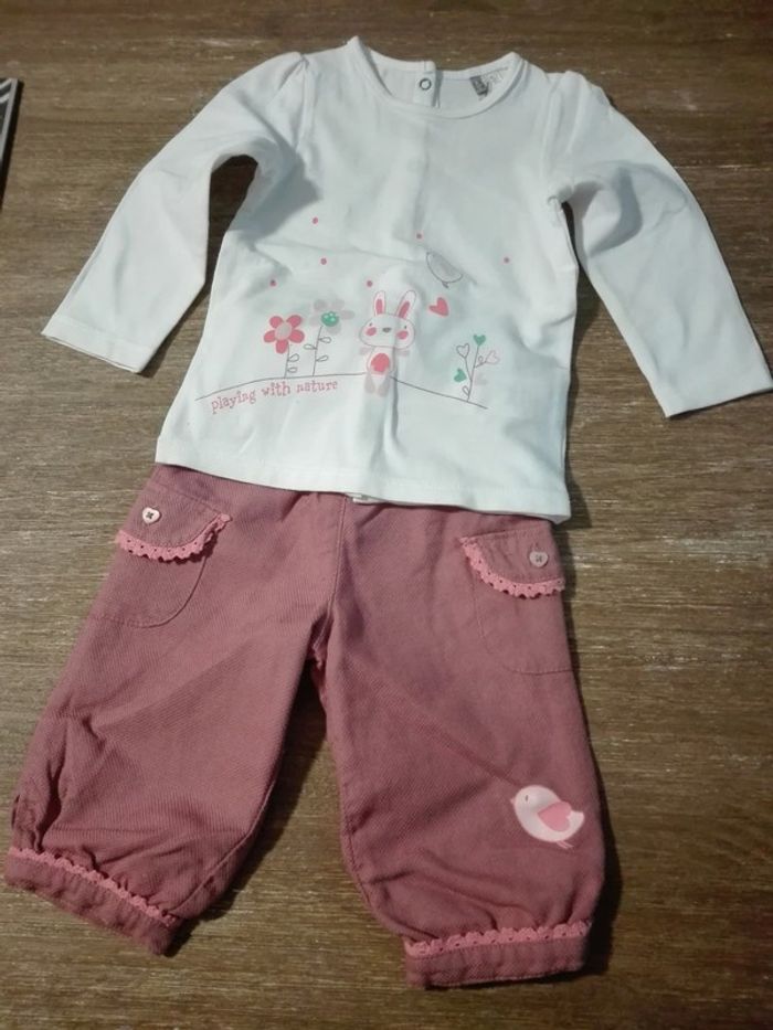 Ensemble t-shirt pantalon blanc vieux rose oiseau orchestra bébé fille 6 mois NEUF