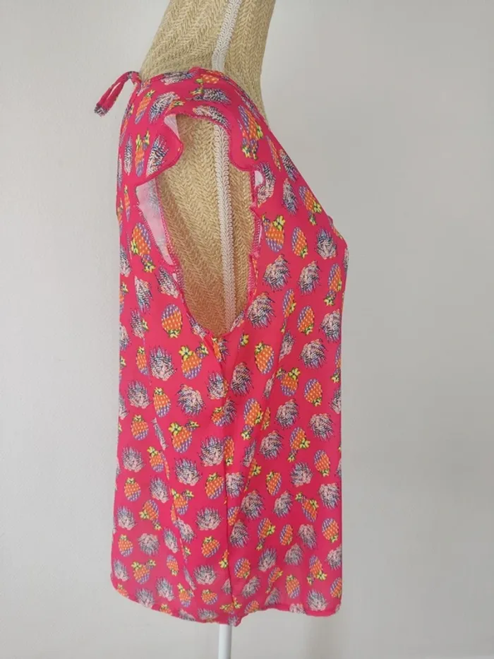Blouse manches courtes volants rose fuschia motifs cactus colorés taille 44 Eldys neuve - photo numéro 3