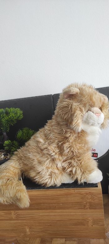 Peluche Chat roux beige blanc 26 cm Playkids rose poil rayé Rayure Fourrure Long