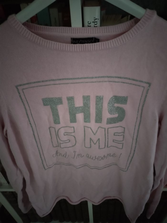 Pull rose avec écritures gris pailleté 100% coton comme neuf - photo numéro 4