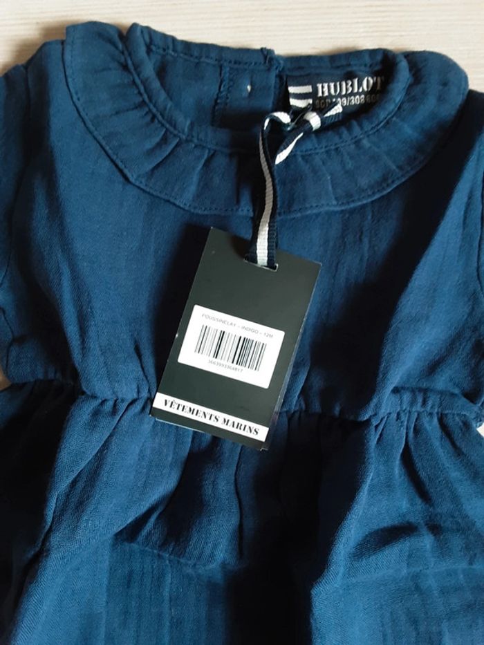 Robe été coton de gaze poussinelay avec col en volet bleu indigo T. 12 mois neuf - photo numéro 3
