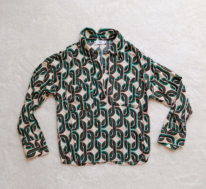 Blouse chemisier Mango XS beige vert motifs 70's vintage manches longues légères - photo numéro 5