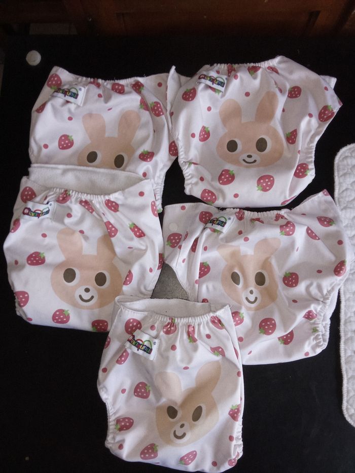 Lot de 5 couches lavables réglable pour bébé fille, insert de la naissance à 12 -18 mois environ, motif lapin, 🍓 - photo numéro 3