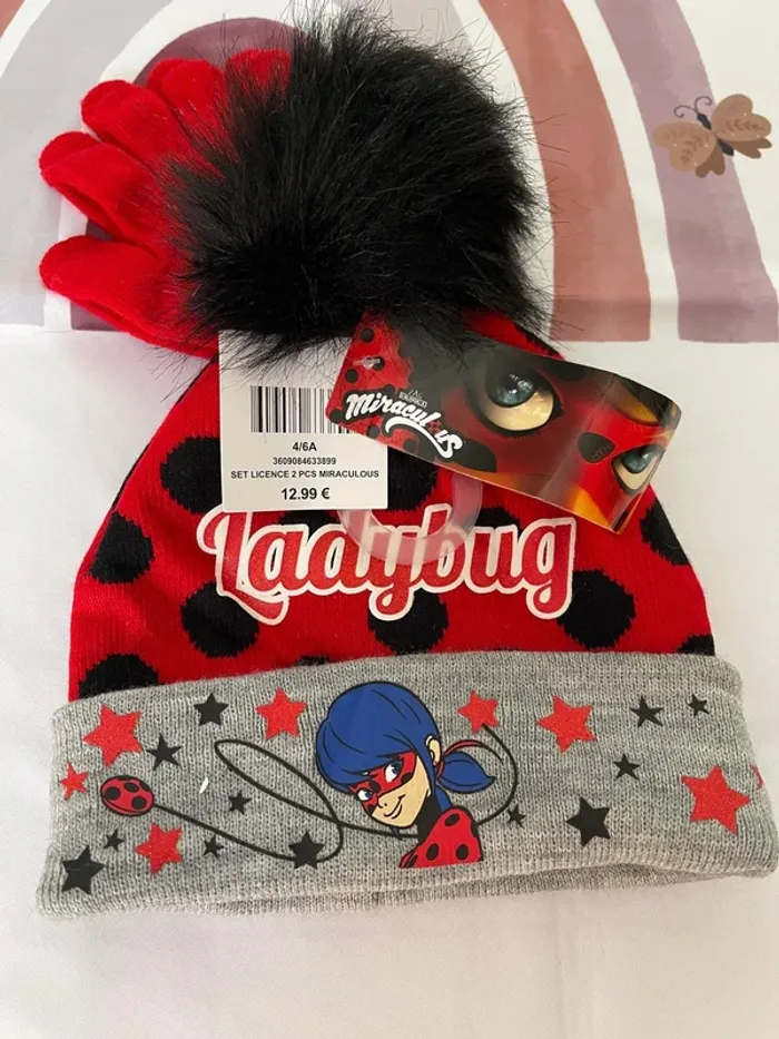 Ensemble bonnet + gants fille – Miraculous – Taille 4/6 ans 🐞
