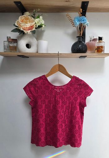KIABI Top Blouse Femme Fuchsia Broderie Anglaise Volants Coton Taille S/M 36/38