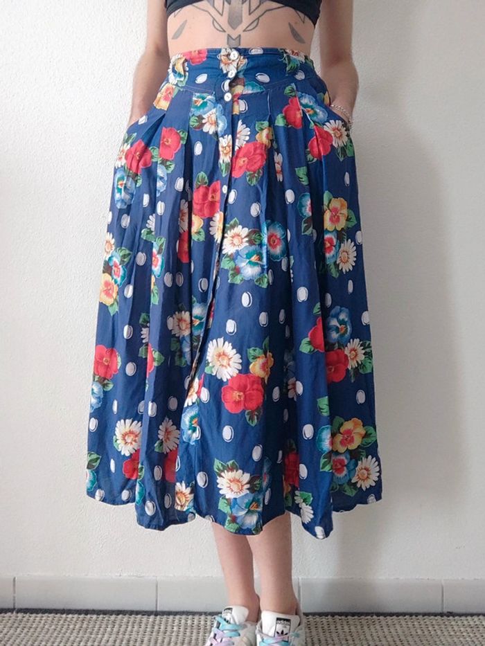 Jupe longue évasée bleu fleur multicolore vintage 70-80 / René Derhy - 34/XS à 36/S - photo numéro 6