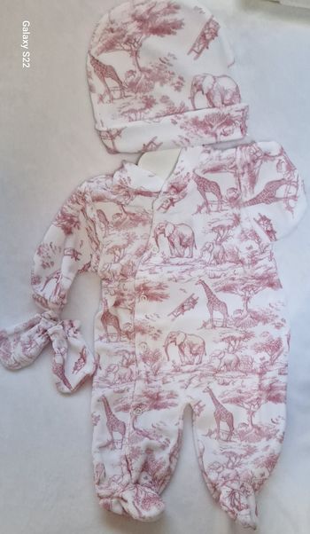 Ensemble safari bébé rose 0/3 mois pyjama bonnet et moufle