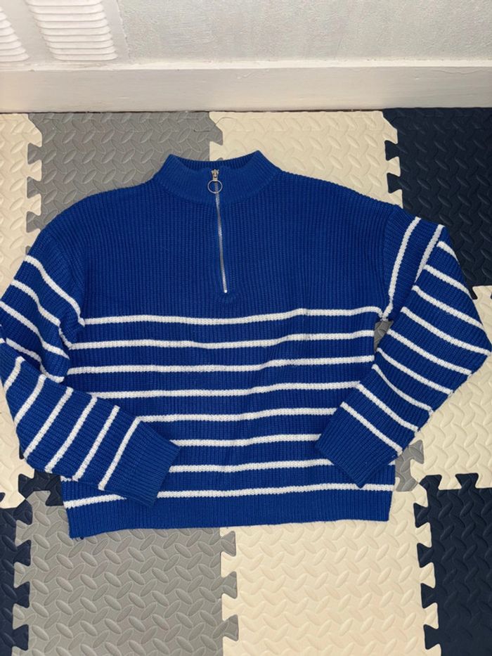 Pull à rayures zippé bleu azur