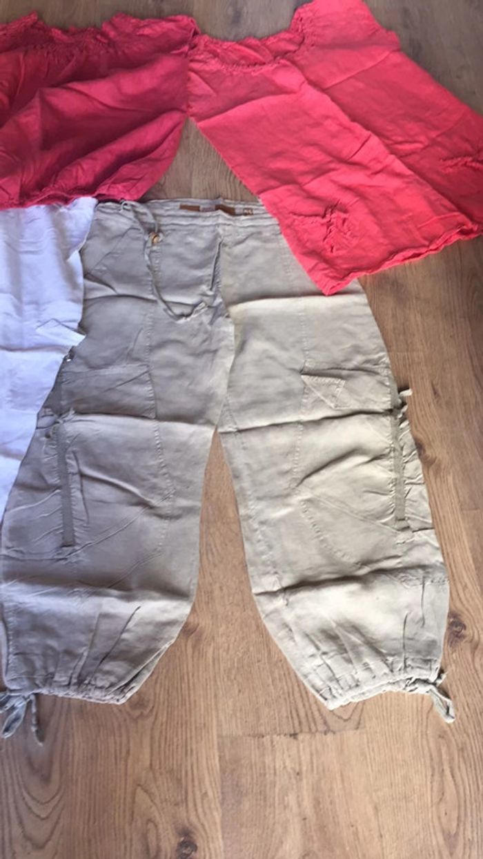 Lot pantalon et pantacourt et 2 blouses 100% lin - photo numéro 2
