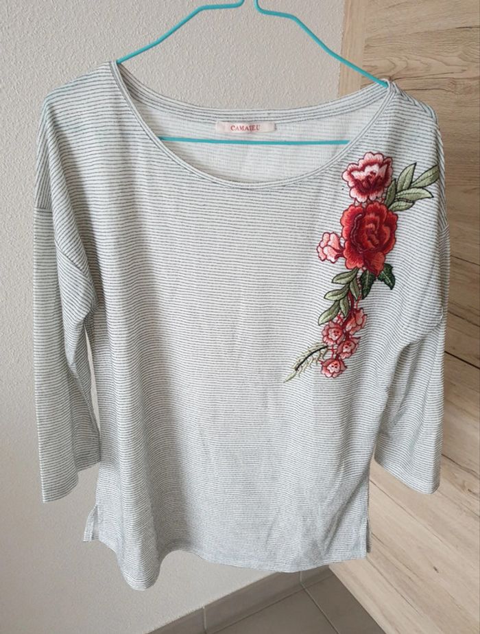 T shirt manches 3/4 brodé camaieu