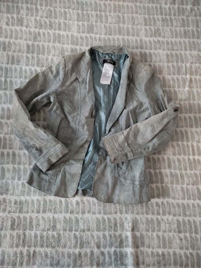 Veste cuir croûte de porc bleu gris Morgan taille S 36 - photo numéro 1