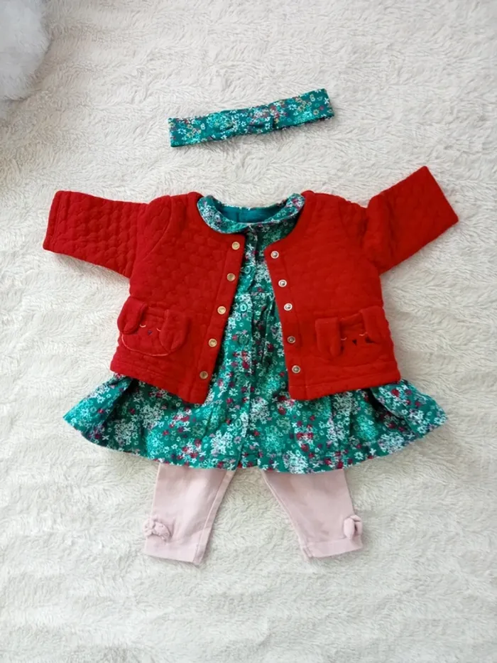 Ensemble 4 pièces 3 mois robe, gilet, legging et bandeau