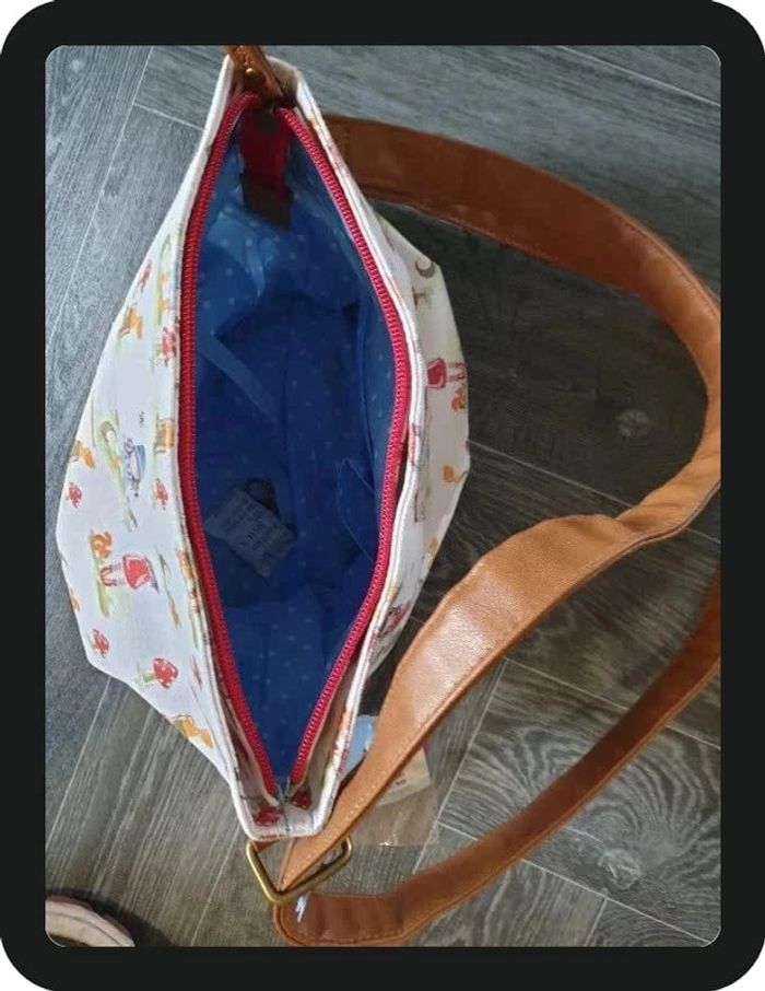 Sac à main Santoro cuir + tissu blanc/marron motif petites filles 31x23 cm - photo numéro 3