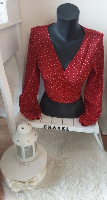 Blouse cache cœur rouge à pois blanc T.S TBE 💋