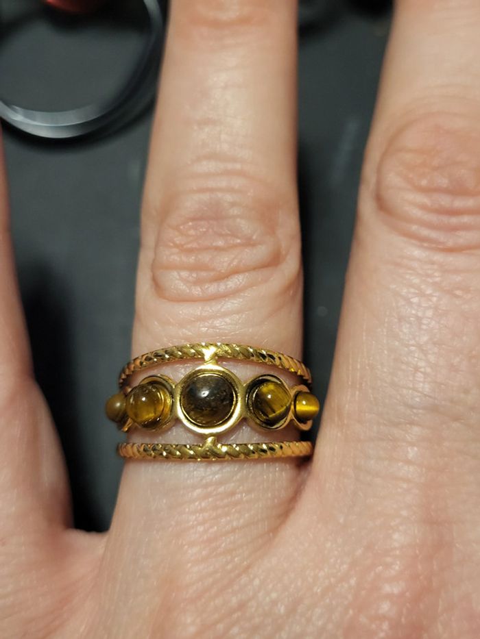Bague acier inoxydable ajustable doré et coco marron - photo numéro 5