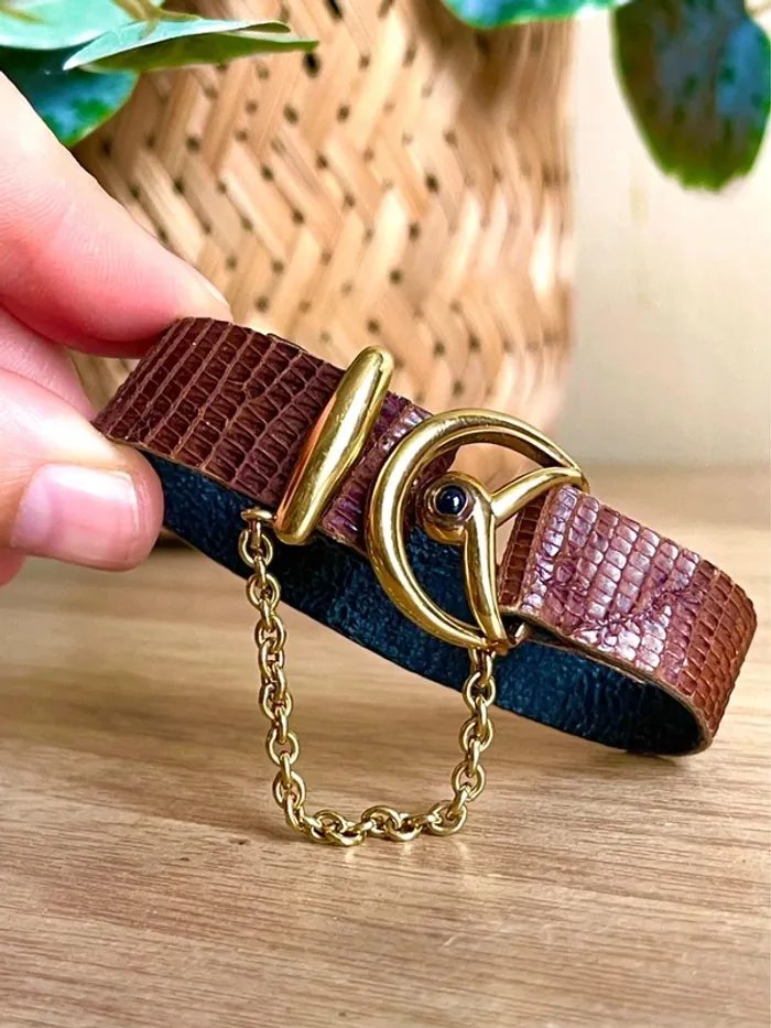 sublime Bracelet cuir lezard marron boucle metal dore avec chaine - photo numéro 3