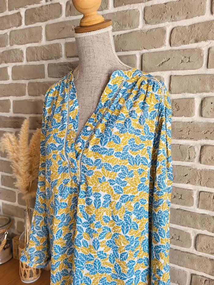 Blouse imprimée feuillage jaune moutarde et bleu clair - rétro champêtre - photo numéro 7