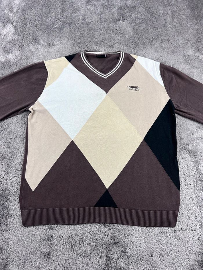 Pull Sweat col V Vintage Airness Marron Beige à Losanges 100% Coton Taille XL - photo numéro 6