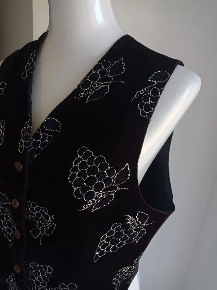 Vintage veston de costume noir avec reflet bordeau violet avec motif fantaisie boutons Lora Daly - photo numéro 3