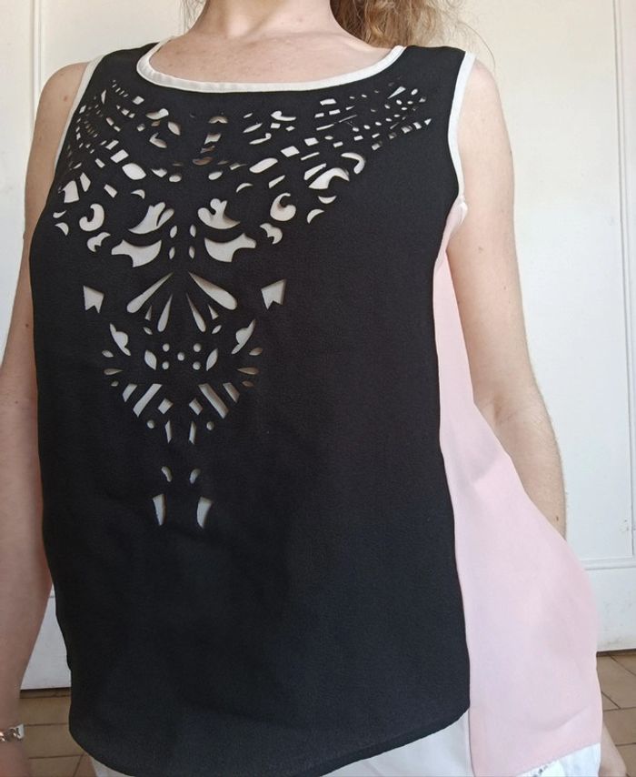 Débardeur femme rose blanc noir patchwork t s coco état impeccable - photo numéro 5