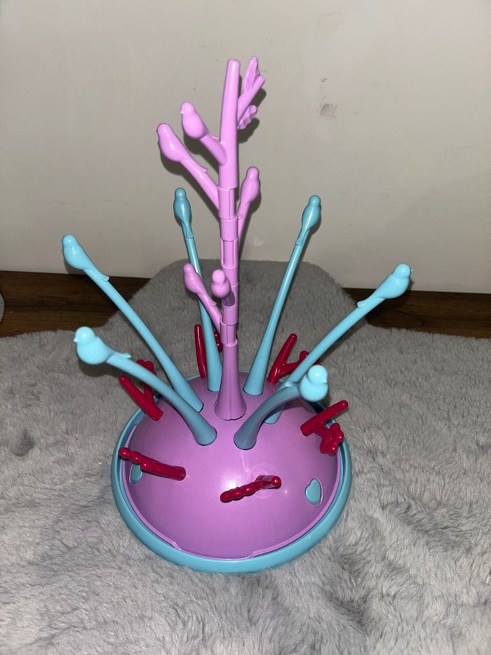 Arbre / égouttoir à biberon motifs oiseaux  bleu et violet - photo numéro 2