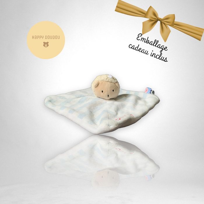 Doudou carré mouton blanc et bleu rayures SUcre d'orge DP160