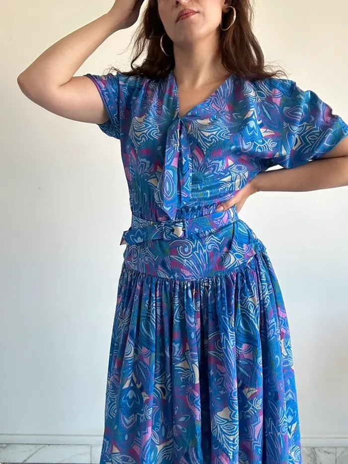 Robe vintage bleue à motifs années 70 taille S à M - photo numéro 2