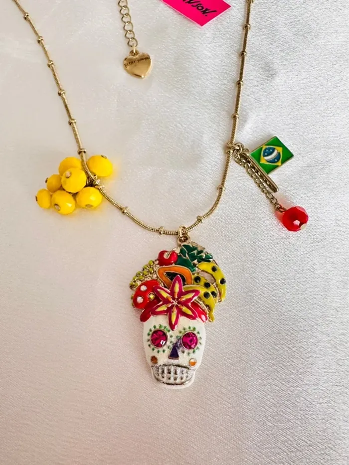 Vintage Betsey Johnson Fruit Hat Sugar Skull Day Of The Dead Halloween Necklace Brazil