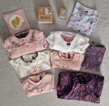 Ensemble 7 pièces SGMJ (bodies, blouse, legging, salopette, gilets) rose & violet - 12M (TBE)