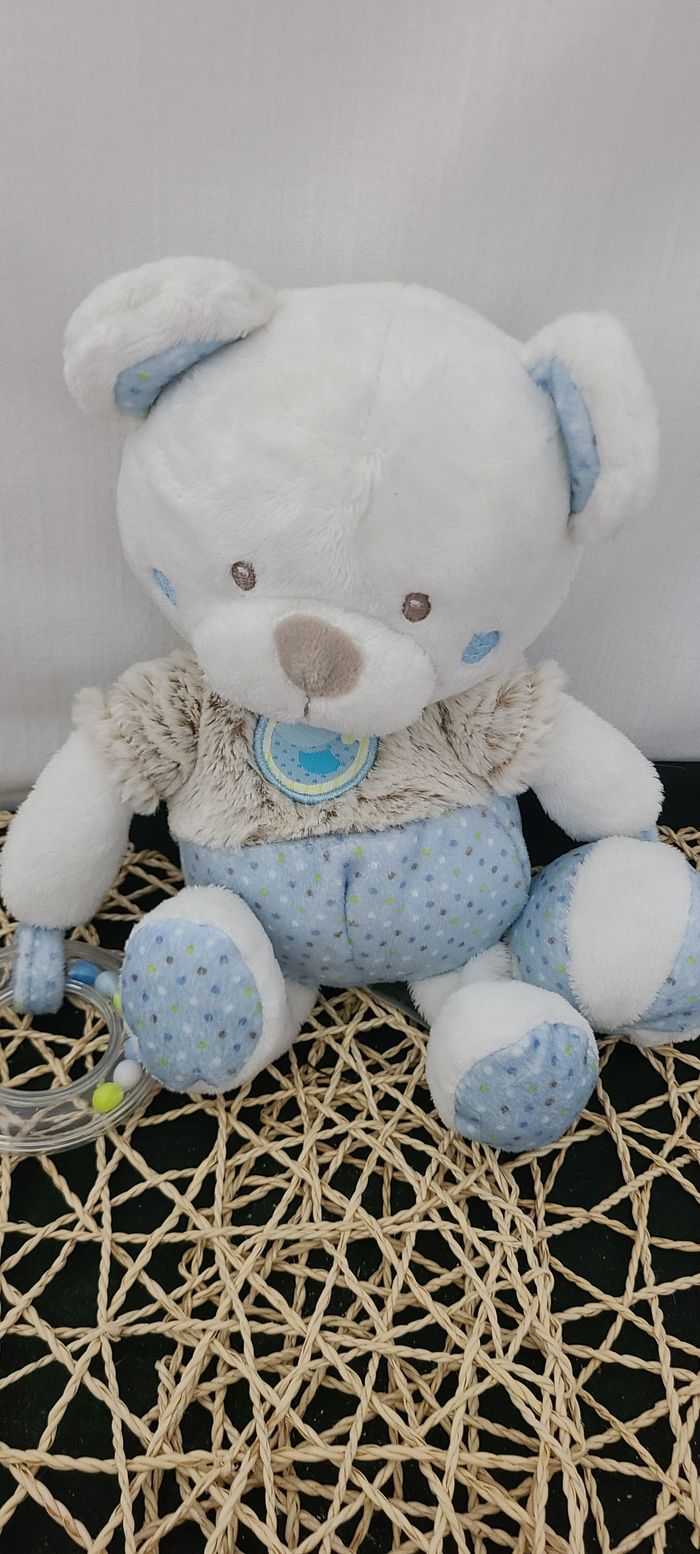 Doudou ours blanc beige bleu pois balle hochet MOTS D'ENFANTS - photo numéro 4