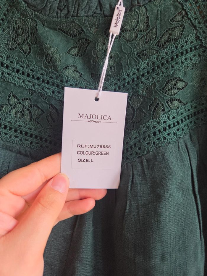 Blouse vert sapin majolica neuve avec dentelle - Taille L - photo numéro 4
