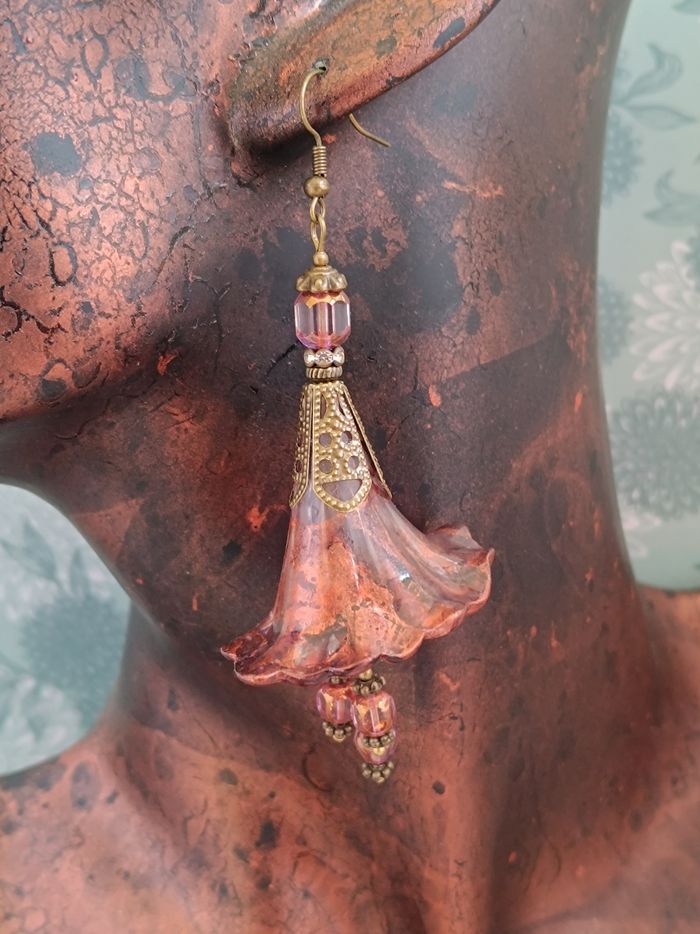 Boucles d’oreilles Fleurs féeriques Violet Prune, Rose Cuivré & Bronze Antique - photo numéro 2