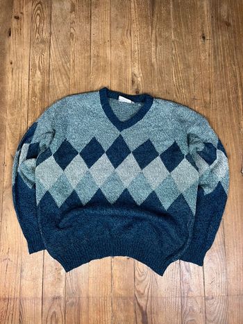 Pull maille vintage col V motifs carreaux multicolore L
