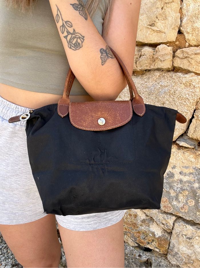 Longchamp Le Pliage S noir – porté main – cuir marron – authentique - photo numéro 3