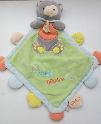 Doudou mouchoir, garçon baby nat' ours vert, bleu ciel, orange, jaune super doudou