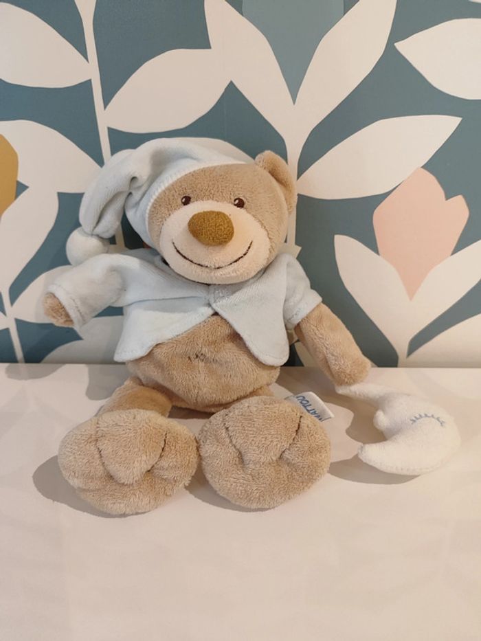 Peluche Ours ourson nounours Bibou avec bonnet de nuit bleu et lune nattou - photo numéro 2