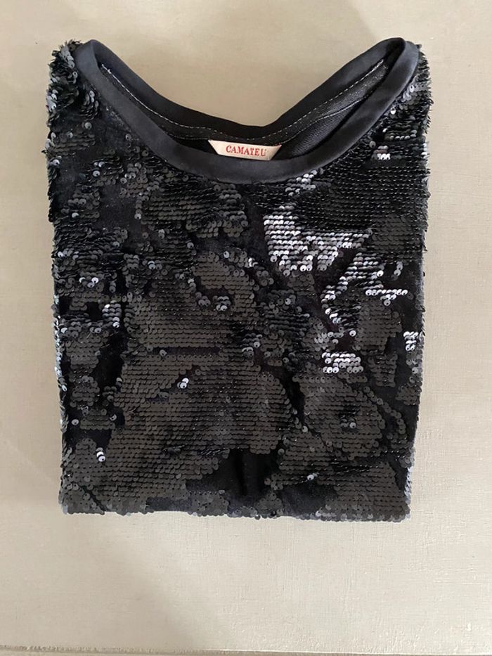 Tee shirt Camaïeu noir à sequins noirs et velours taille S neuf avec étiquette - photo numéro 14