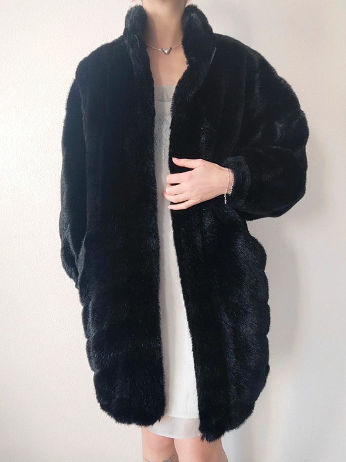 Manteau long noir fausse fourrure vintage 🇫🇷 42/XL à 44/XXL