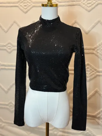 Top noir à sequins dos-nu Tally Weijl – col montant manches longues – taille S – état neuf y2k