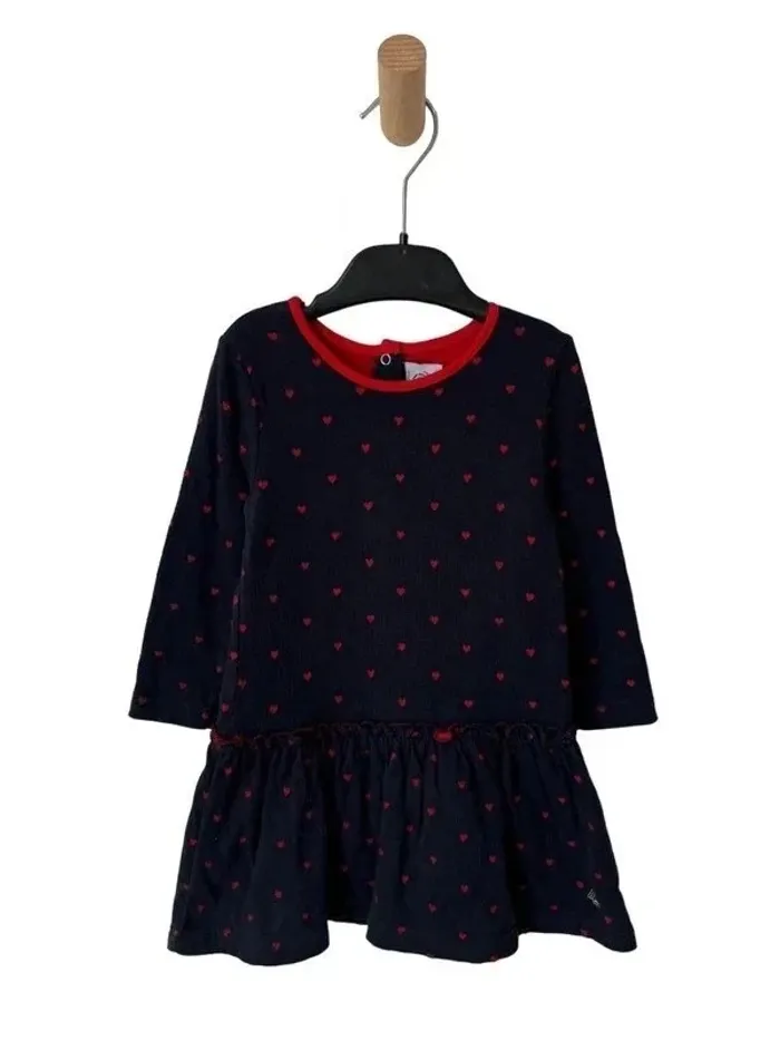 Robe à manches longues bleu marine à coeurs rouges - Petit Bateau 18 mois
