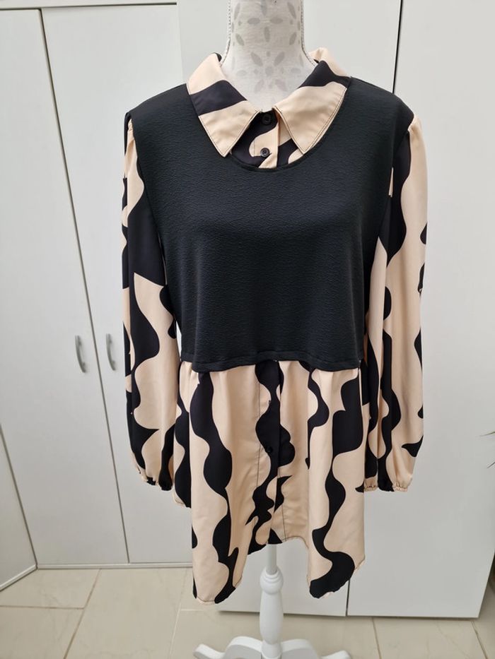 Blouse Effet 2 En 1 Noire Beige - photo numéro 2