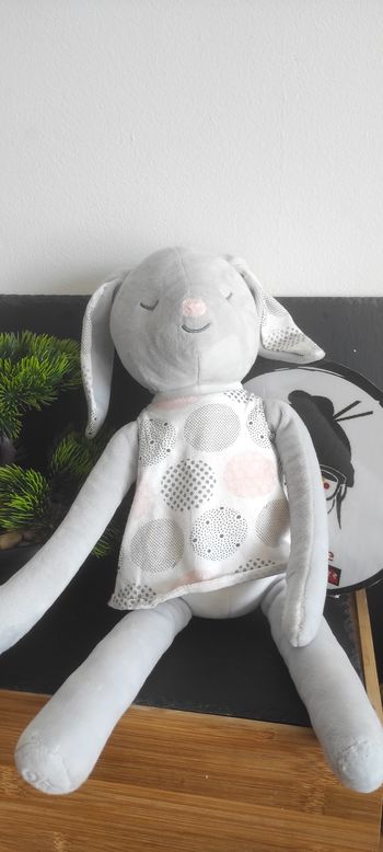 Doudou Lapin gris rose blanc robe obaibi okaidi  peluche rond Pois Endormi