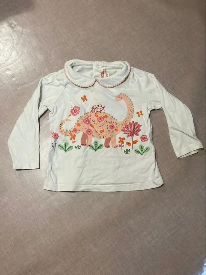 Haut fille DPAM – Col claudine – Motif dinosaure fleuri – 18 mois (80 cm)