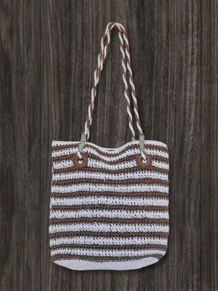Set sac rectangle anse + porte-monnaie bandoulière paille papier rayé blanc marron - photo numéro 2