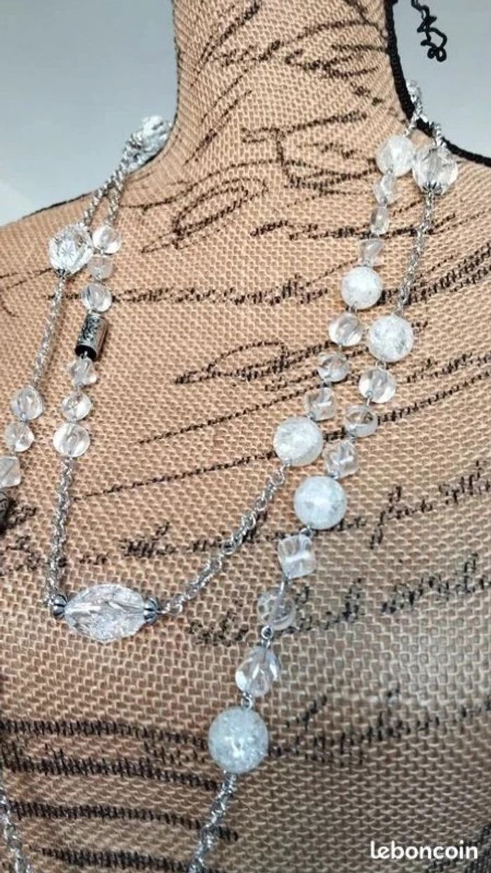 Sautoir collier perles argenté blanc - photo numéro 3