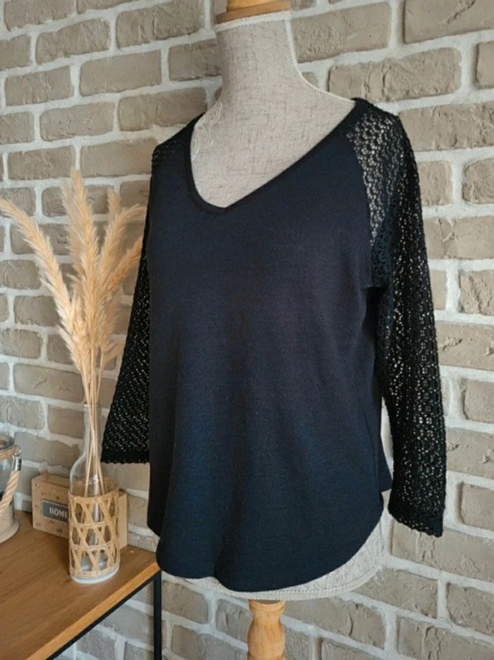 Pull noir manches en dentelle au crochet La Redoute S 36 - photo numéro 6